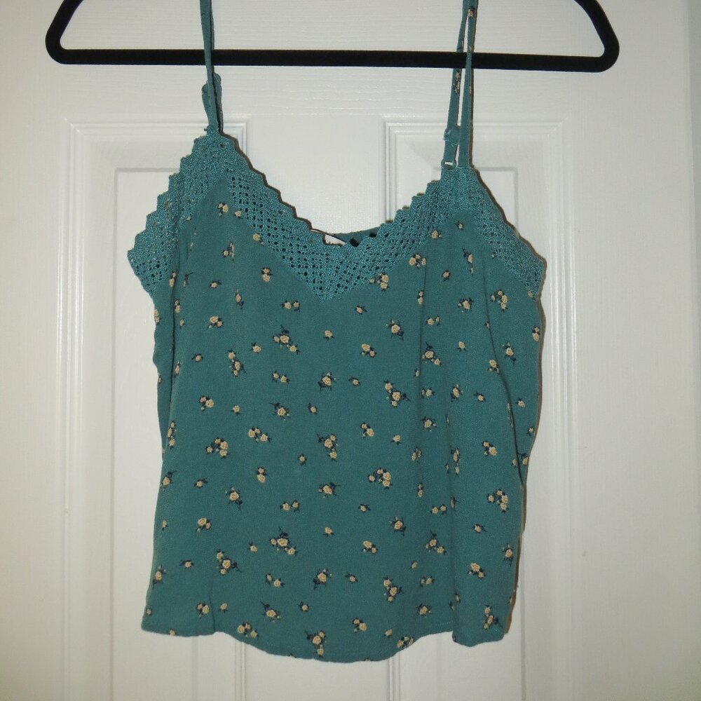 American Eagle Green Floral Crochet-Trim Tank Top